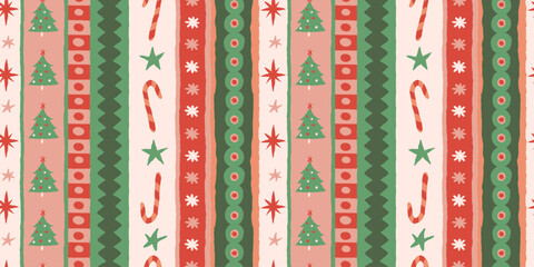 Vector Christmas and New Year seamless pattern, abstract hand-drawn whimsical background for greeting cards, wrapping paper, banners, striped, plaid, and checkered designs – festive, party textures