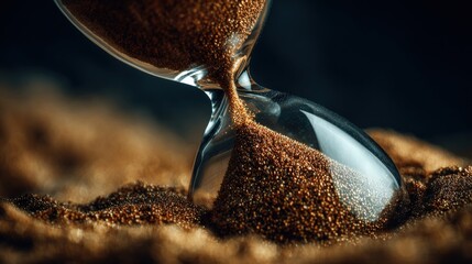 Close-up of fine sand flowing through a clear hourglass onto a textured sand surface, highlighting the passage of time with warm, natural lighting.