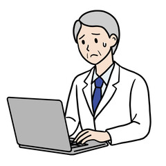 PC作業する白衣のシニア男性（困る）