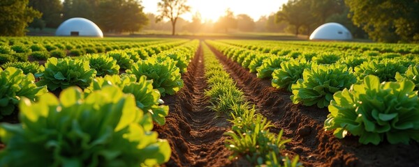 Rows of green lettuce plants grow in farm field. Soil visible between rows. White domes, trees in background at sunset. Leaves lit by sunlight. Crops planted in brown earth. Farm landscape with