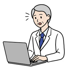 PC作業する白衣のシニア男性（驚く）