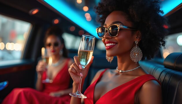 Two glamorous women in red dresses ride in a luxury limousine. They hold champagne glasses, smiling and celebrating a special occasion with joy and elegance.