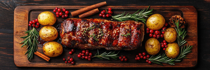 Christmas roast beef resting on wooden cutting board, surrounded by red berries, rosemary sprigs, and cinnamon sticks, presenting festive holiday dining scene on dark wooden surface