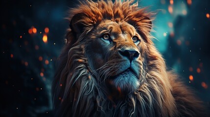 Naklejka premium Majestic Portrait of a Fierce Male Lion with a Golden Mane Gazing Upd in a Dark, Atmospheric Setting