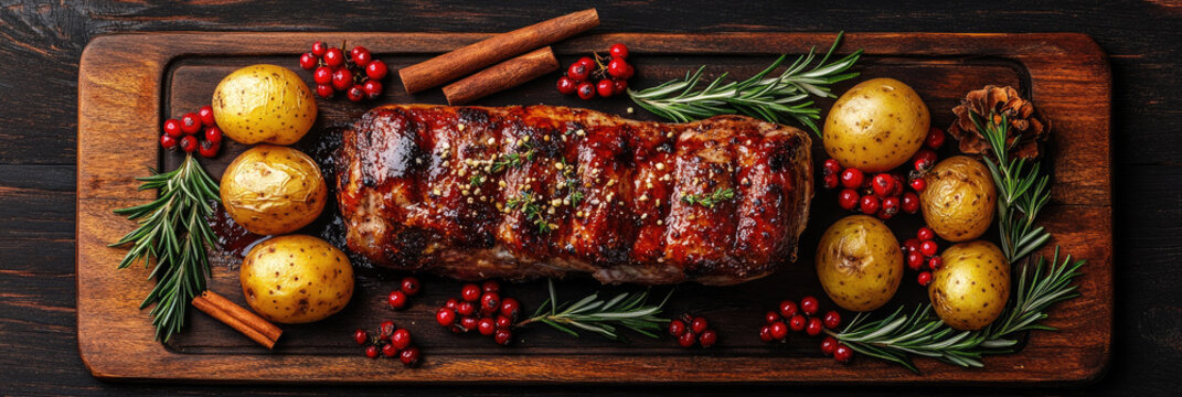 Christmas roast beef resting on wooden cutting board, surrounded by red berries, rosemary sprigs, and cinnamon sticks, presenting festive holiday dining scene on dark wooden surface - Powered by Adobe