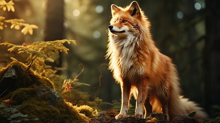 Fototapeta premium Majestic Red Fox Standing Alertly in the Sunlit, Mossy Forest Undergrowth