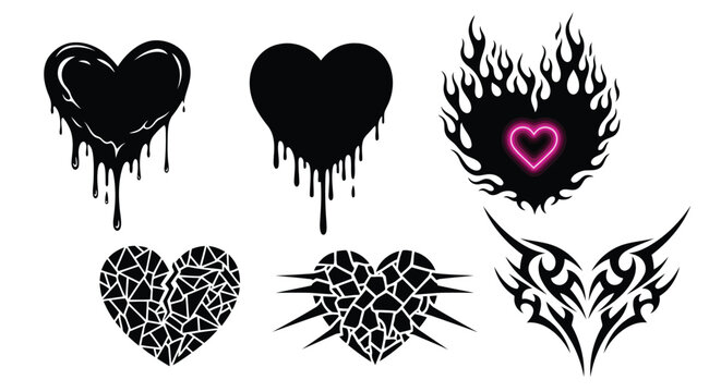 Vector illustration of set of six black heart graphic designs with various styles including dripping, flames, and mosaic