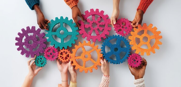 Diverse hands working together to assemble colorful gears, symbolizing teamwork and collaboration