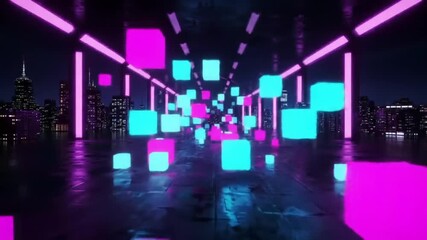 Futuristic neon cubes floating in cyber tunnel over city skyline at night with glowing pink and blue lights in seamless loop 4k animation - Powered by Adobe