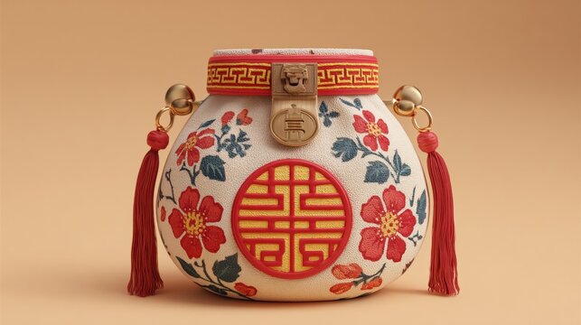 Small fabric bag with vibrant red and yellow pattern, placed on a plain white background, ideal for product display or minimalist design projects.