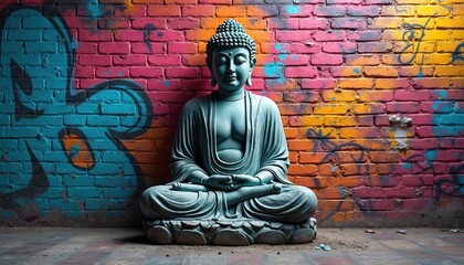 Buddha statue meditates against colorful graffiti brick wall. Serene sculpture in lotus pose contrasts with vibrant street art. Modern urban backdrop complements ancient spiritual symbol.
