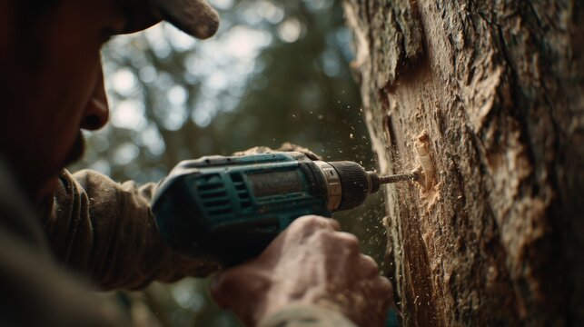 A man operates a cordless drill, drilling into a tree trunk as the drill creates sawdust. The focused man uses the drill to carve the rough tree, crafting with precision.