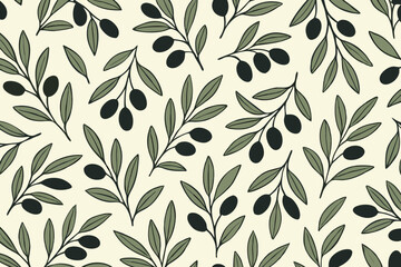 Artistic Olive Branch Pattern with Dark Olives and Green Leaves.