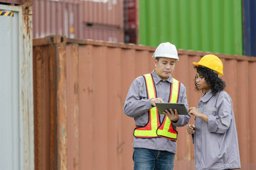 Engineer and Foreman Team in Hardhats Inspecting Shipping Containers for Cargo Safety, Professional Workers in Safety Vests Checking Container Boxes at a Port