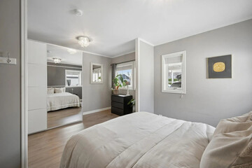 Modern luxury bedroom interior in minimal scandinavian style, 3d render