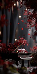 Romantic scene with piano, red foliage, and falling hearts, soft lighting creates an enchanting ambiance