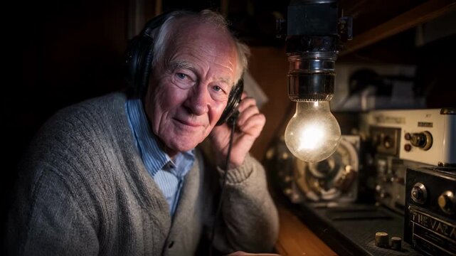 A charming elderly man with headphones listens to a vintage ham radio in a dimly lit room, smiling at the camera, a concept for nostalgia, communication technology and hobbies