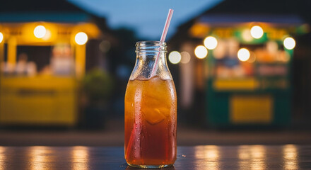 Refreshing iced tea in glass bottle with straw invites a relaxed vibe at the night market, perfect for summer promotions and travel campaigns