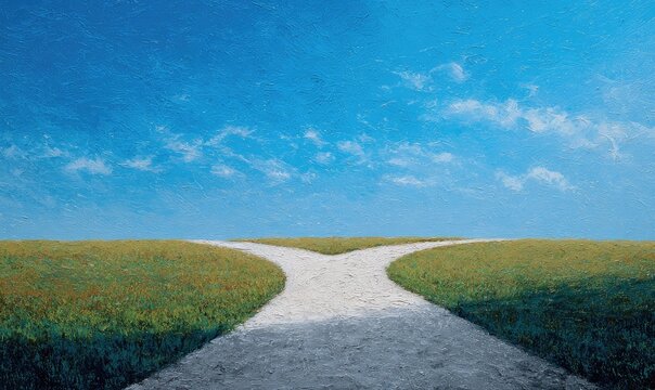 A grassy field with a path that splits, leading towards a bright blue sky with wispy clouds