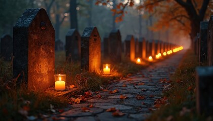 Fototapeta premium Candles light a path between gravestones in a graveyard at twilight. Autumn leaves cover the ground near old stone markers in a solemn, peaceful scene.