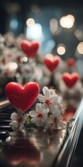 Red hearts and white flowers adorn a piano, bathed in soft light, creating romantic scene