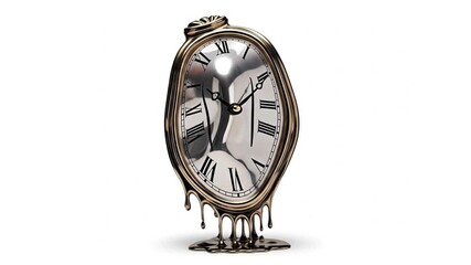 A distorted liquid-like clock with a gold-colored frame and Roman numerals appearing to melt and drip onto a white surface below - Powered by Adobe