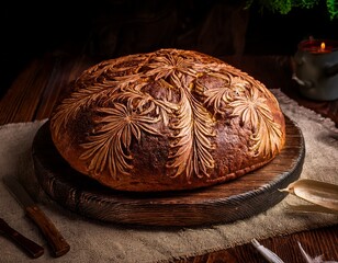 Artisan Bread with Intricate Floral Design on a Rustic Wooden Board, Lit by Candlelight in a Warm, Dark Setting