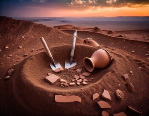 Archaeological Dig: Ancient Pottery Uncovered at Sunset in a Remote Desert Landscape, Revealing History's Secrets