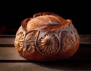 Artisan Sourdough: A loaf of freshly baked bread with flower embellishments on a wooden surface under a warm light