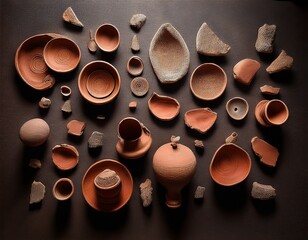 Assortment of Handmade Terra Cotta Pottery: Plates, Bowls, Jars and Fragments Arranged on a Dark Background.