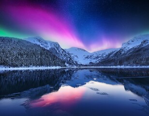 Aurora Borealis Over Snowy Mountains Reflected in Calm Waters Under a Starry Night Sky