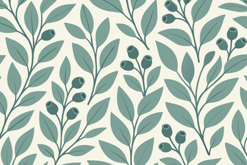 Repeating Pattern of Stylized Leaves and Berries in Teal.