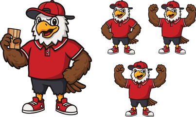 Cartoon eagle mascot character, strong delivery bird in red polo uniform, courier service logo, package shipping design, transport, fast logistics