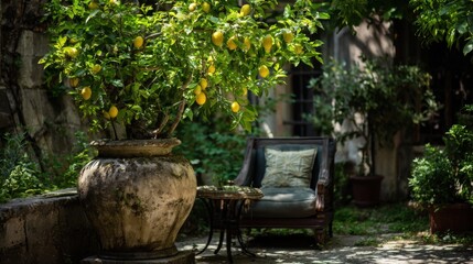 A large potted lemon tree in the garden of an ancient  villa, surrounded by lush greenery and a small seating area with an armchair, evoking a sense of tranquility and history. 