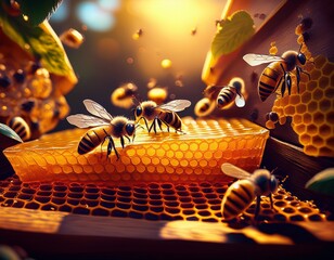 Golden Harvest: A Close-Up of Honeybees Gathering Nectar from a Honeycomb Frame Bathed in Warm Sunlight
