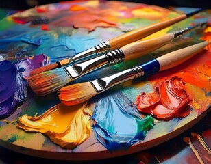 Palette of Creativity: Vibrant Paints and Brushes Ready for Artistic Expression and Imaginative Creation