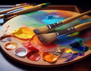 Palette of Creativity: A Close-Up View of Vibrant Paint Colors and Brushes Ready for Artistic Expression