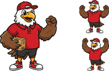 Cartoon eagle mascot delivery character, strong bird courier in red uniform, package shipping service, fast logistics, express transportation, friendly design