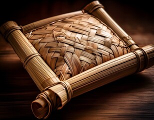 Woven Bamboo Basket with Geometric Frame on Dark Wood, Close-up of Natural Craftsmanship and Textural Details