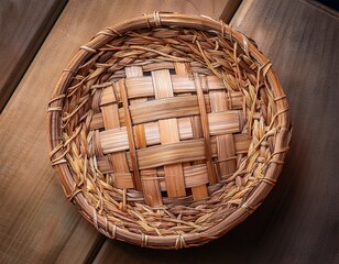 Woven Round Basket on Wooden Surface, Textured Close-Up of Craftsmanship and Rustic Charm in Home Decor