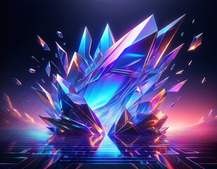 Vibrant Crystal Formation: Abstract Digital Art with Geometric Shapes and Neon Reflections in a Dark Environment
