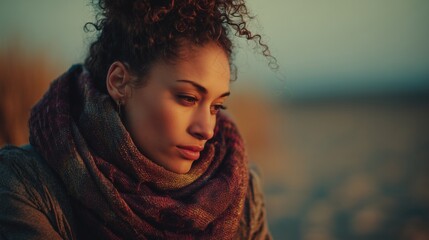 A young woman with curly hair wearing a colorful scarf looks thoughtfully outdoors. The background features a serene beach and calm sea.
