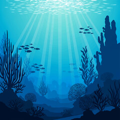 Mesmerizing underwater world illustration showcasing sunbeams illuminating a thriving coral reef with diverse marine flora and schools of fish