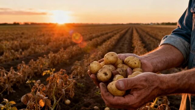 Close-up of a senior farmer's hands holding freshly harvested organic potatoes in a field during a beautiful golden sunset, a concept for agriculture and local food production