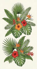 Fototapeta premium Tropical floral arrangement with vibrant hibiscus and exotic foliage.