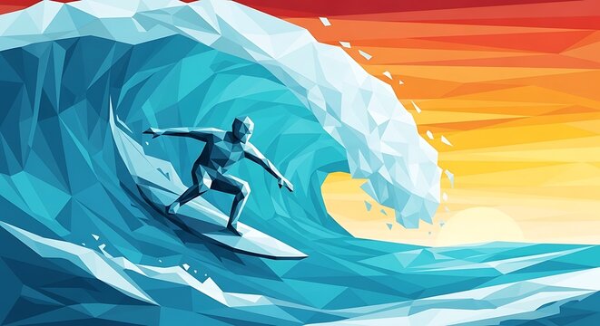 Surfer Riding Majestic Wave at Sunset.