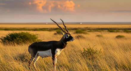 Stunning blackbuck antelope standing gracefully in golden grassland at sunset, captivating wildlife photography for nature lovers and conservation campaigns