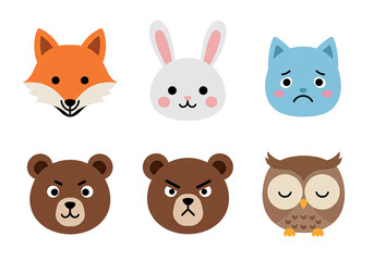 Fototapeta premium Charming collection of cartoon animal faces with various emotions. Isolated illustration set of a fox, rabbit, sad cat, angry bear, and sleepy owl