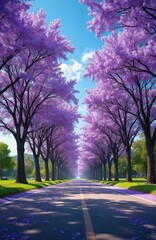 Straight road lined with blooming jacaranda trees creating a vibrant purple canopy. Fallen petals cover the asphalt path under a clear blue sky with scattered clouds during springtime.