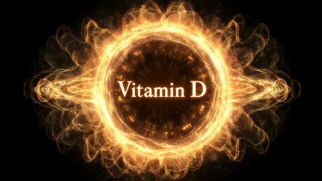 Glowing fiery sun energy symbol with vitamin D concept in bright light explosion effect on dark background